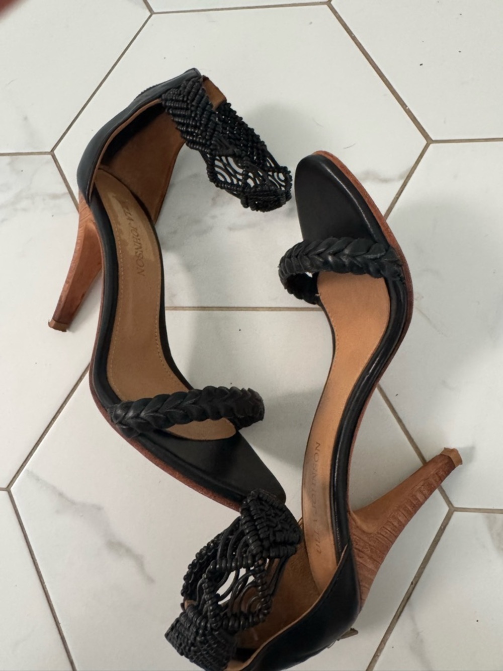 Ulla Johnson Black Braided Ankle-Strap Stiletto Sandals Woven Detail Wood Heel